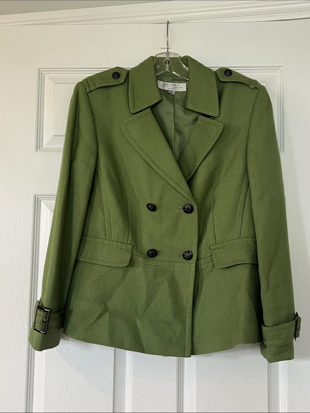 Tahari Double-Breasted Peacoat Jacket in Olive Green